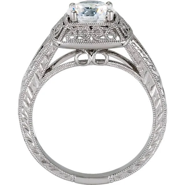 1 1/15ct Vintage Solitaire Diamond Engraved Engagement Ring 14K White Gold