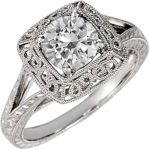 1 1/15ct Vintage Solitaire Diamond Engraved Engagement Ring 14K White Gold