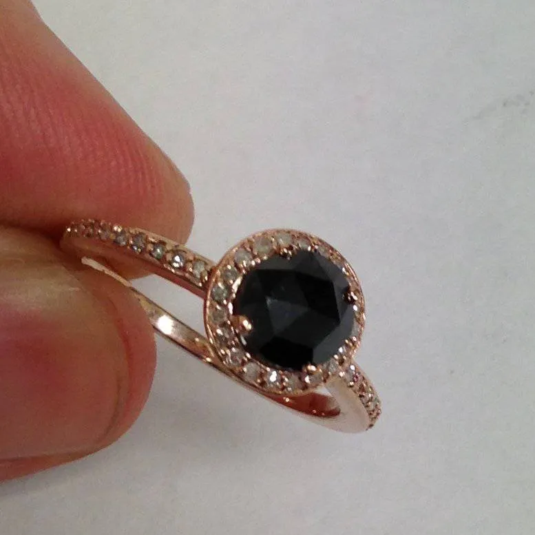 1 1/4ct Black & Diamond Rose Gold Halo Ring 14K