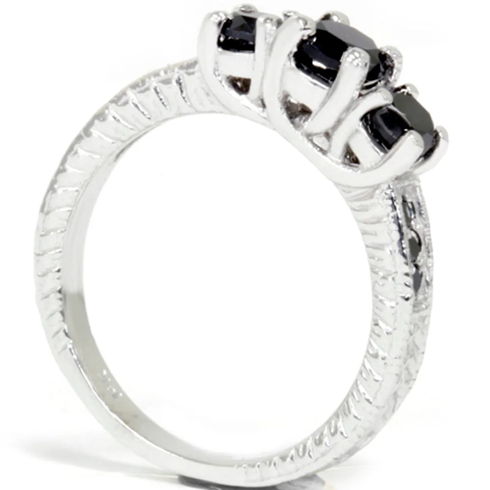 1 3/4ct Black Diamond Vintage Engagement Ring 14K White Gold