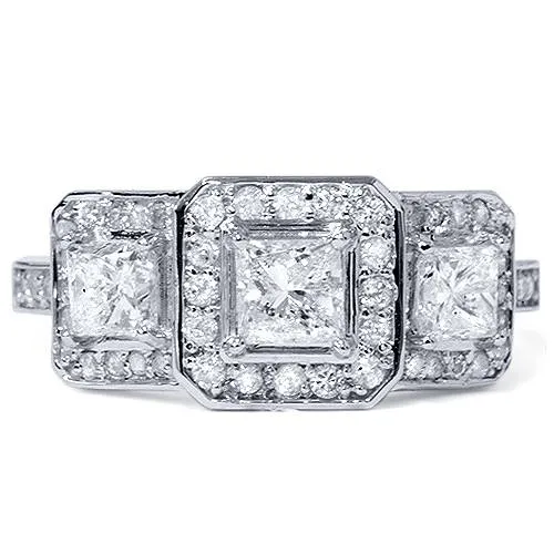 1 3/8ct Princess Cut Diamond 3-Stone Ring 14K White Gold