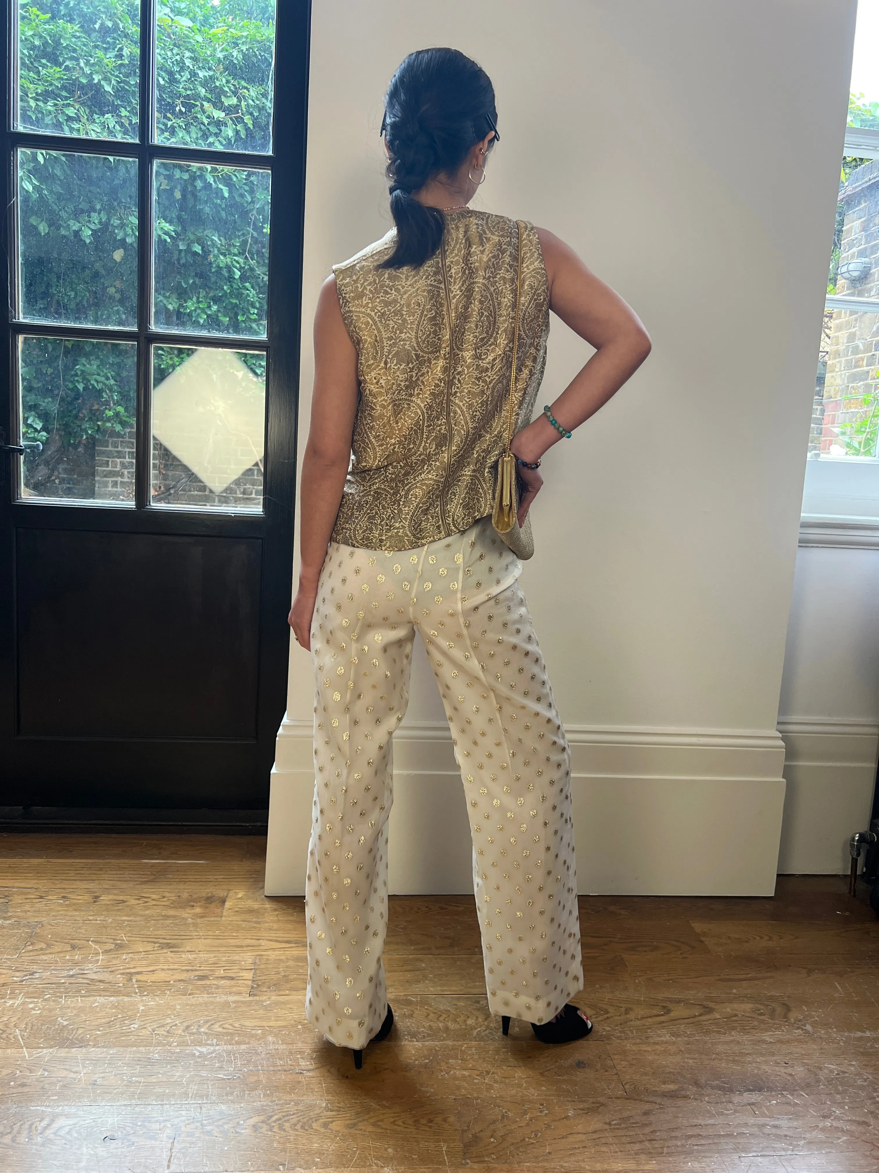 1960s Cream and Gold Lame Textured Trousers