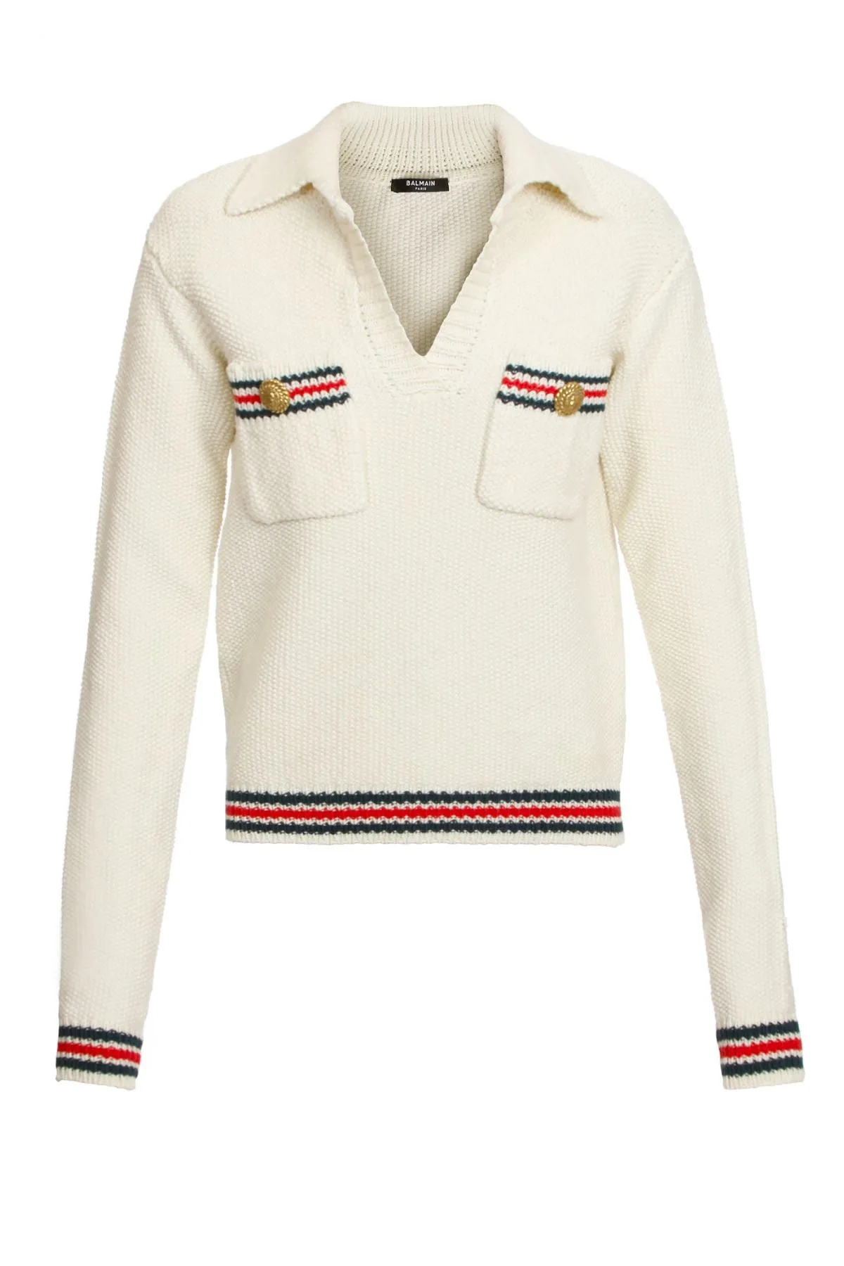 Balmain Longsleeve Polo Knit - Cream/ Green/ Red