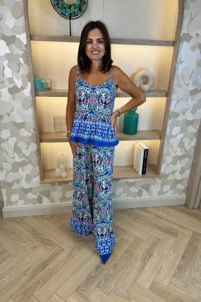 Becca Printed Wide Leg Trousers In Blue Mix