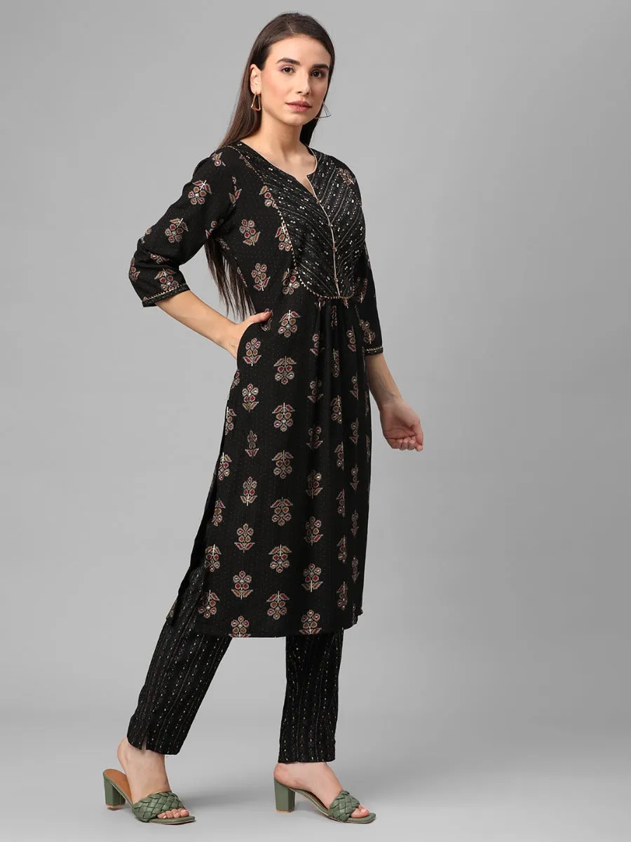 Black Floral Printed Kurta With Trouser