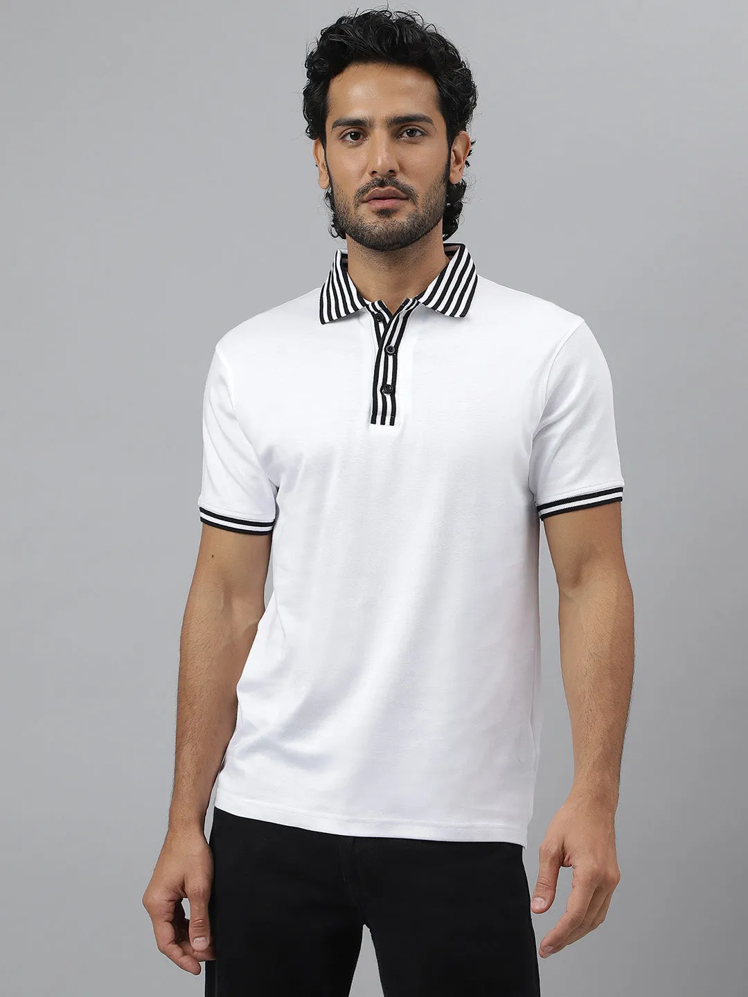 Black Striped Collar Pure Cotton White Polo - Piano