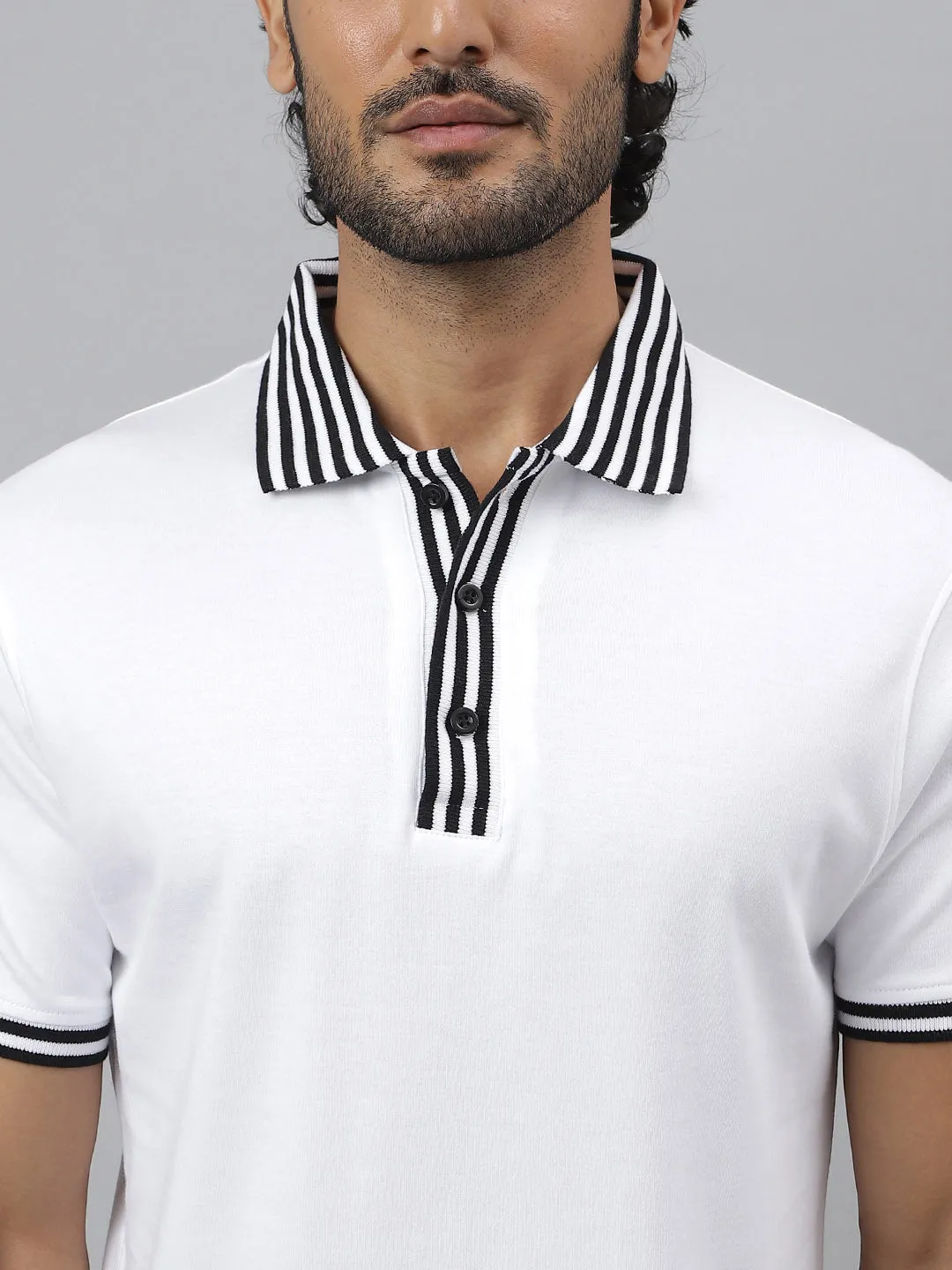 Black Striped Collar Pure Cotton White Polo - Piano