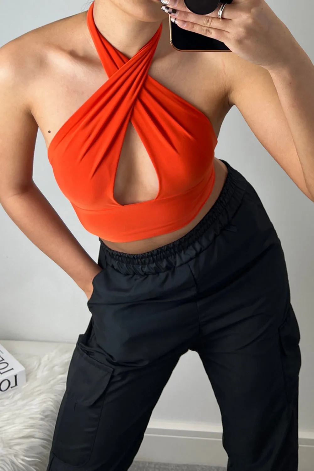 Blair Orange Wrap Halterneck Tie Back Slinky Crop Top