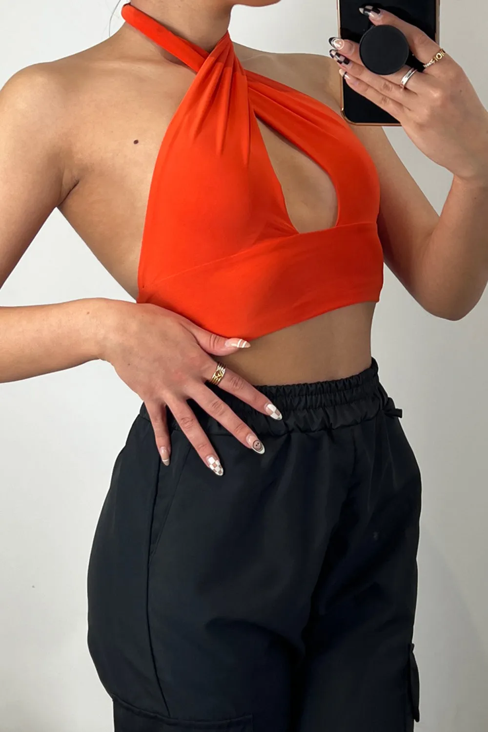 Blair Orange Wrap Halterneck Tie Back Slinky Crop Top