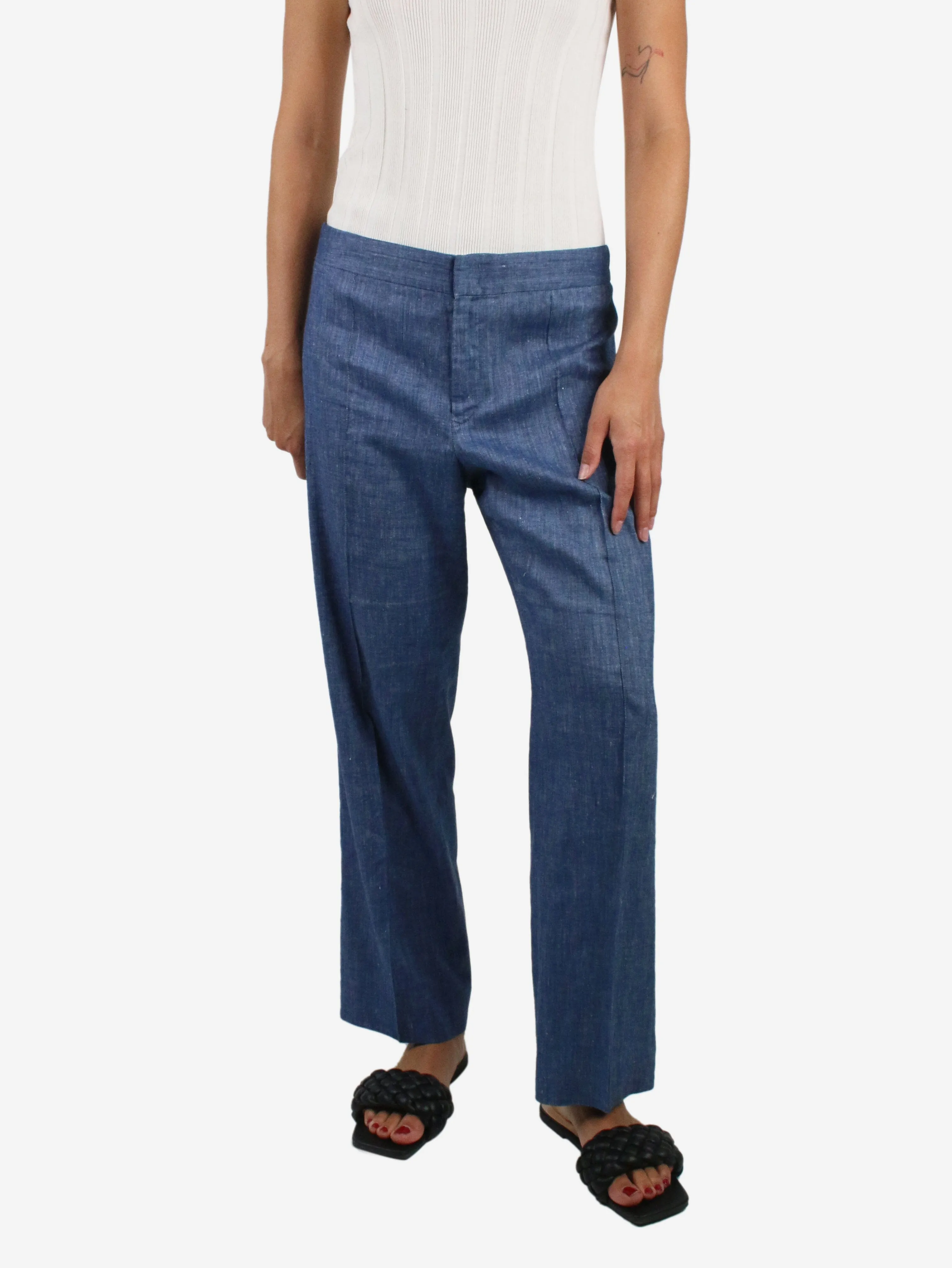 Blue pleated linen trousers - size UK 12