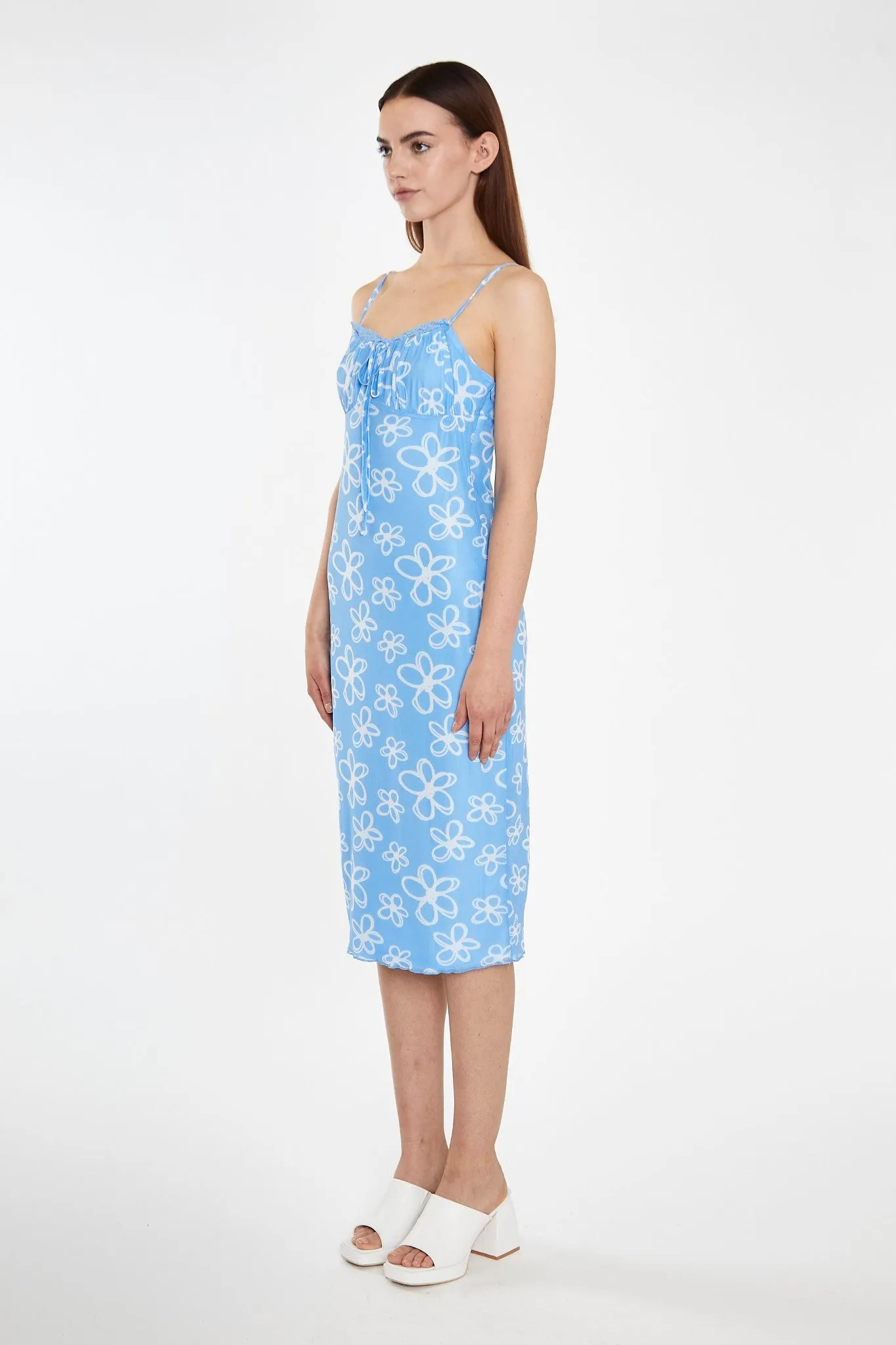 Blue Scribble-Daisy Mesh Strappy Gathered-Bust Midi-Dress