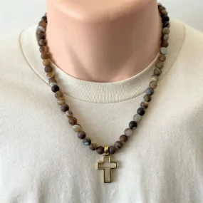 Brown Matte Agate and Gold Cross Mens Necklace