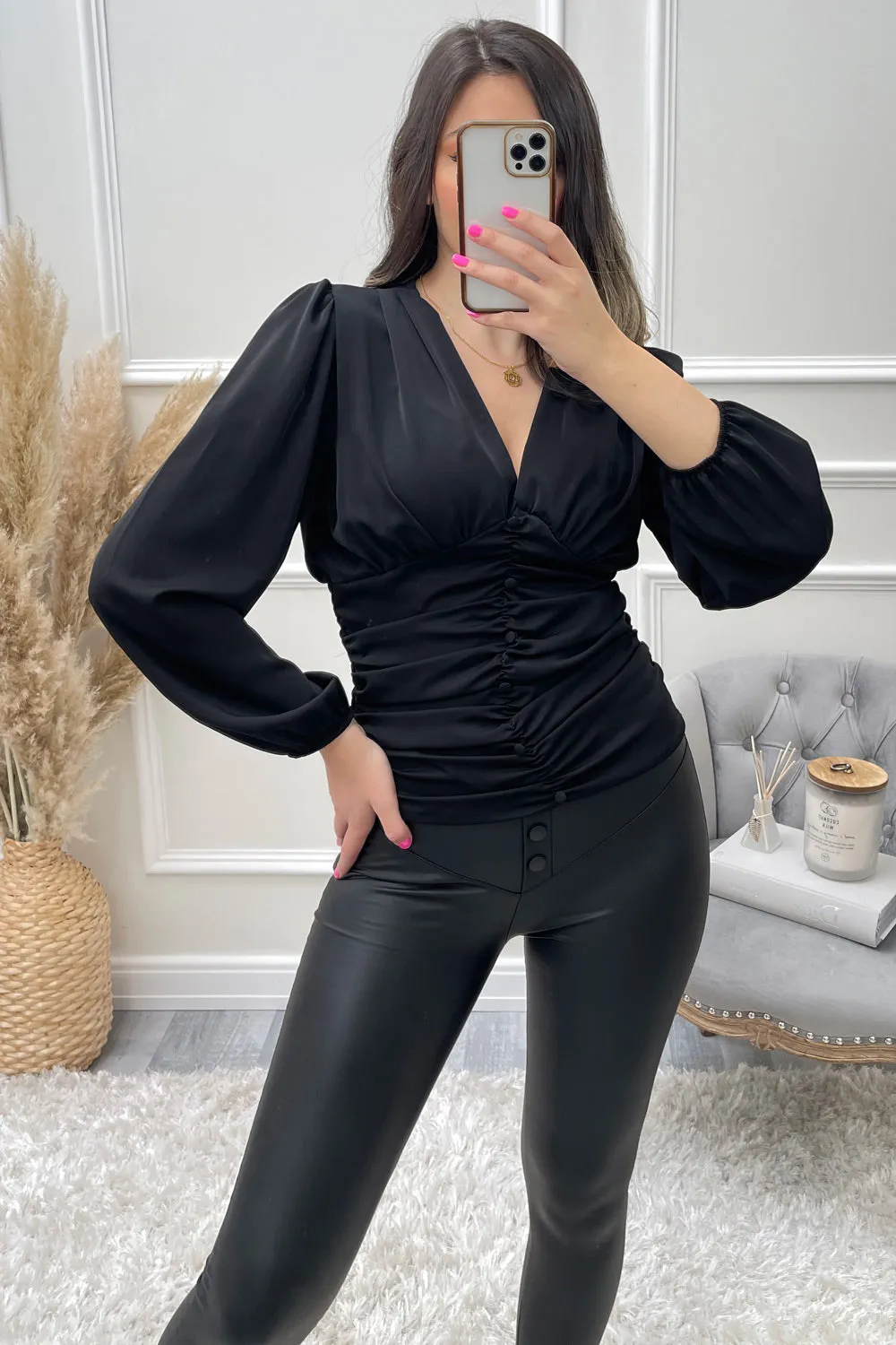 Cassi Black Shirred Plunge Ruched Detail Blouse