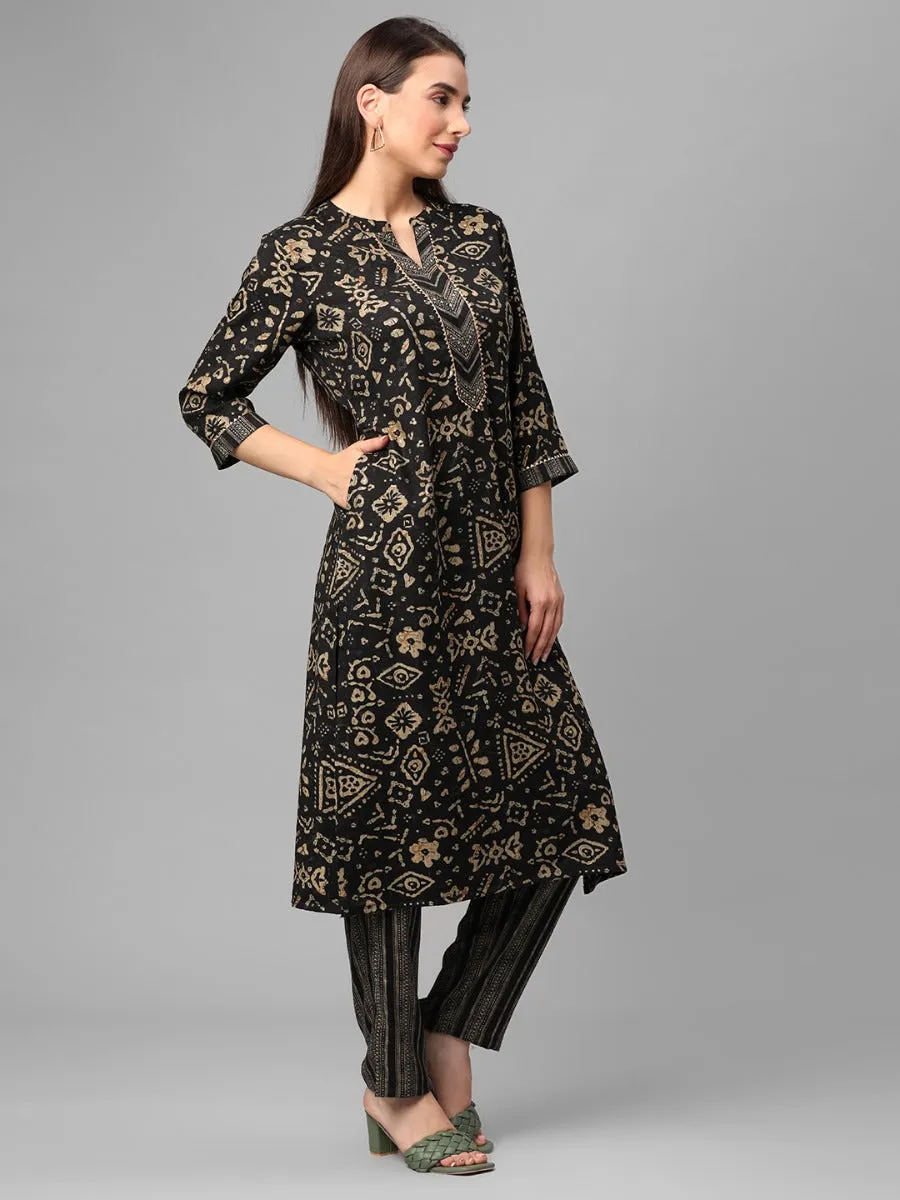 Charcoal Floral Printed Kurta With Trouser