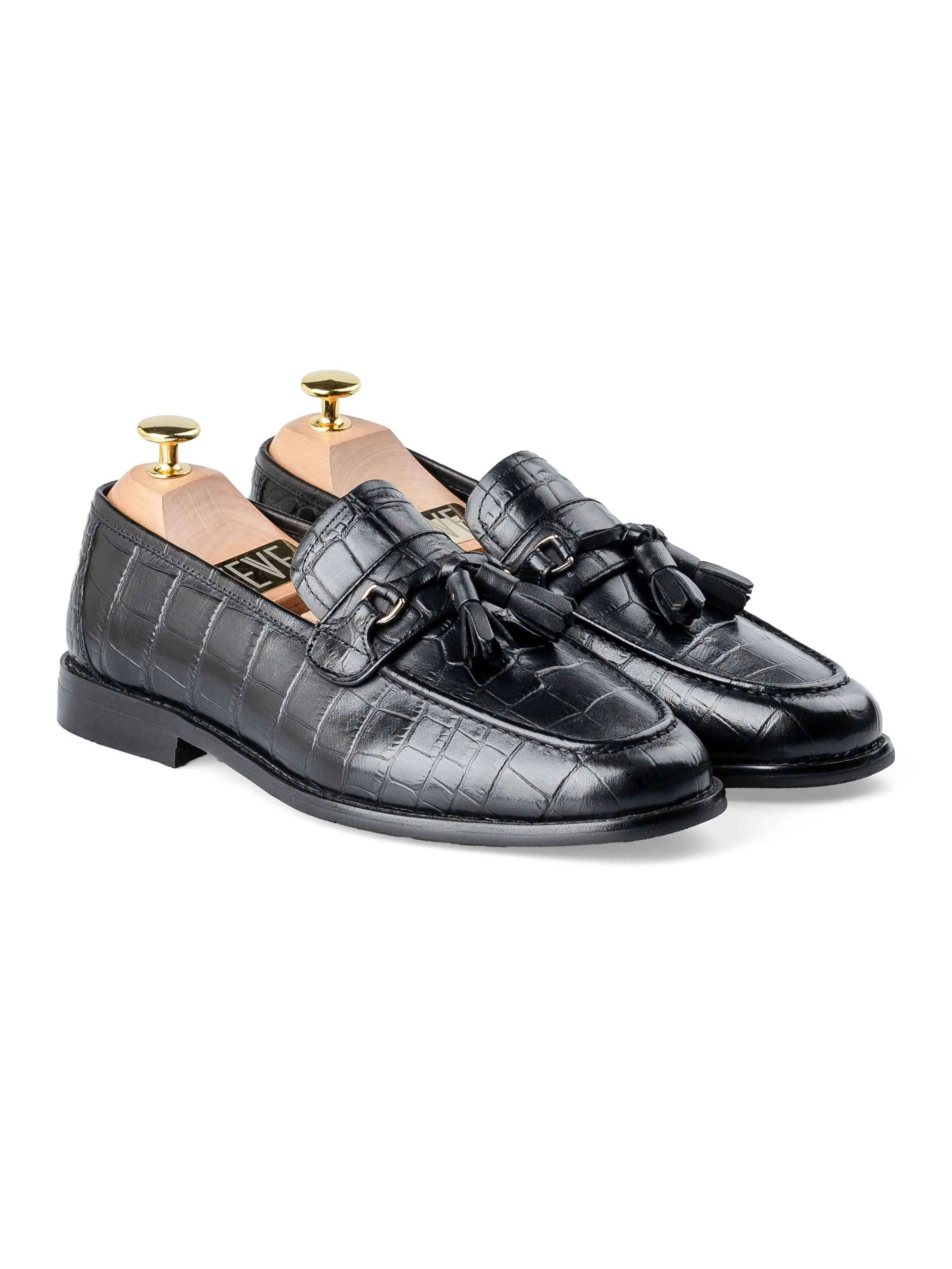 Dario Tassel Loafer - Black Croco Polished Leather