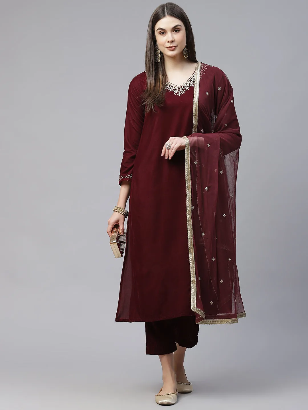 Divena Maroon Velvet hand work Kurta pant With Net Dupatta set