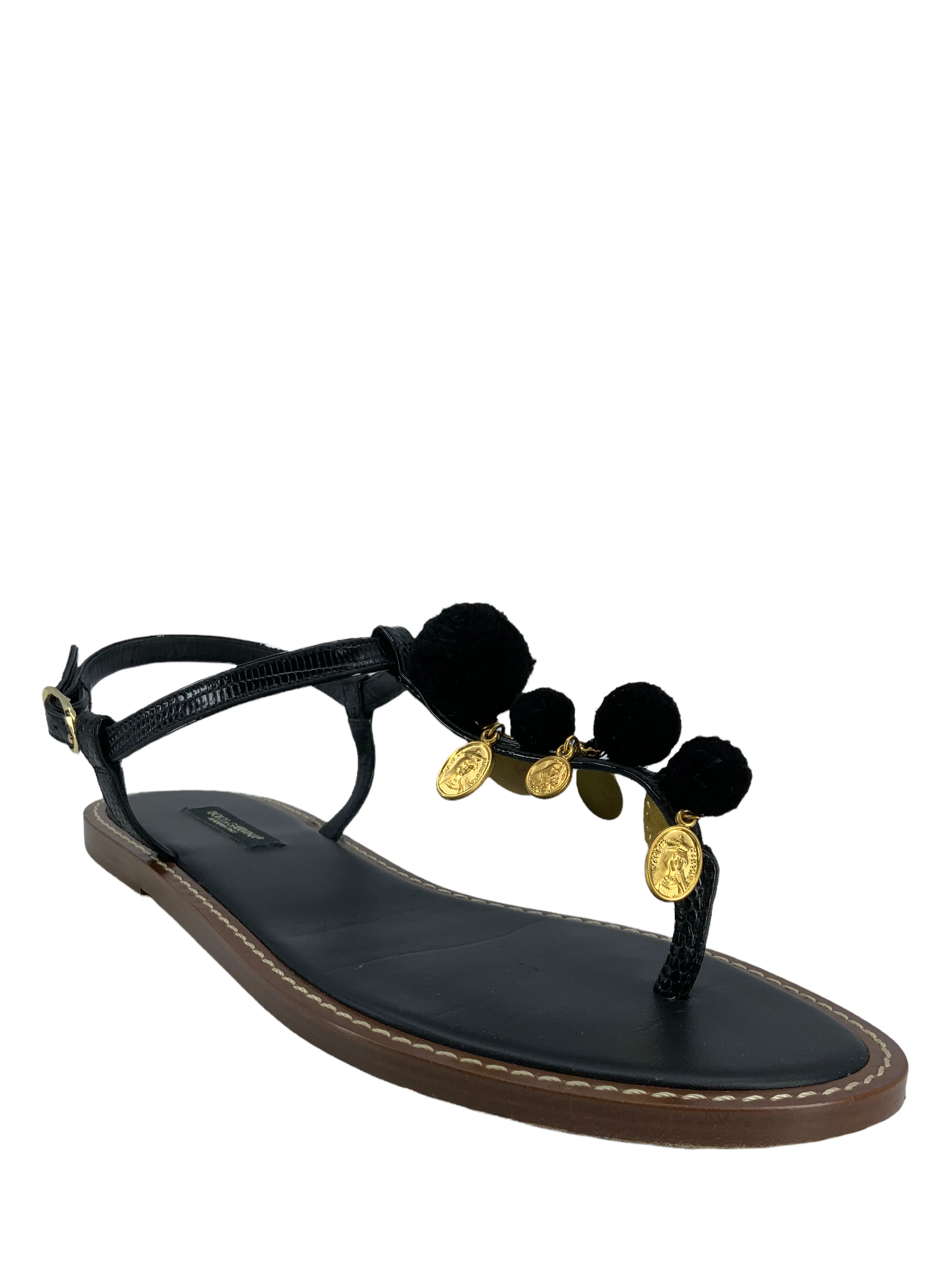 Dolce & Gabbanna Gold Coin Pom Pom Thong Sandals Size 8.5