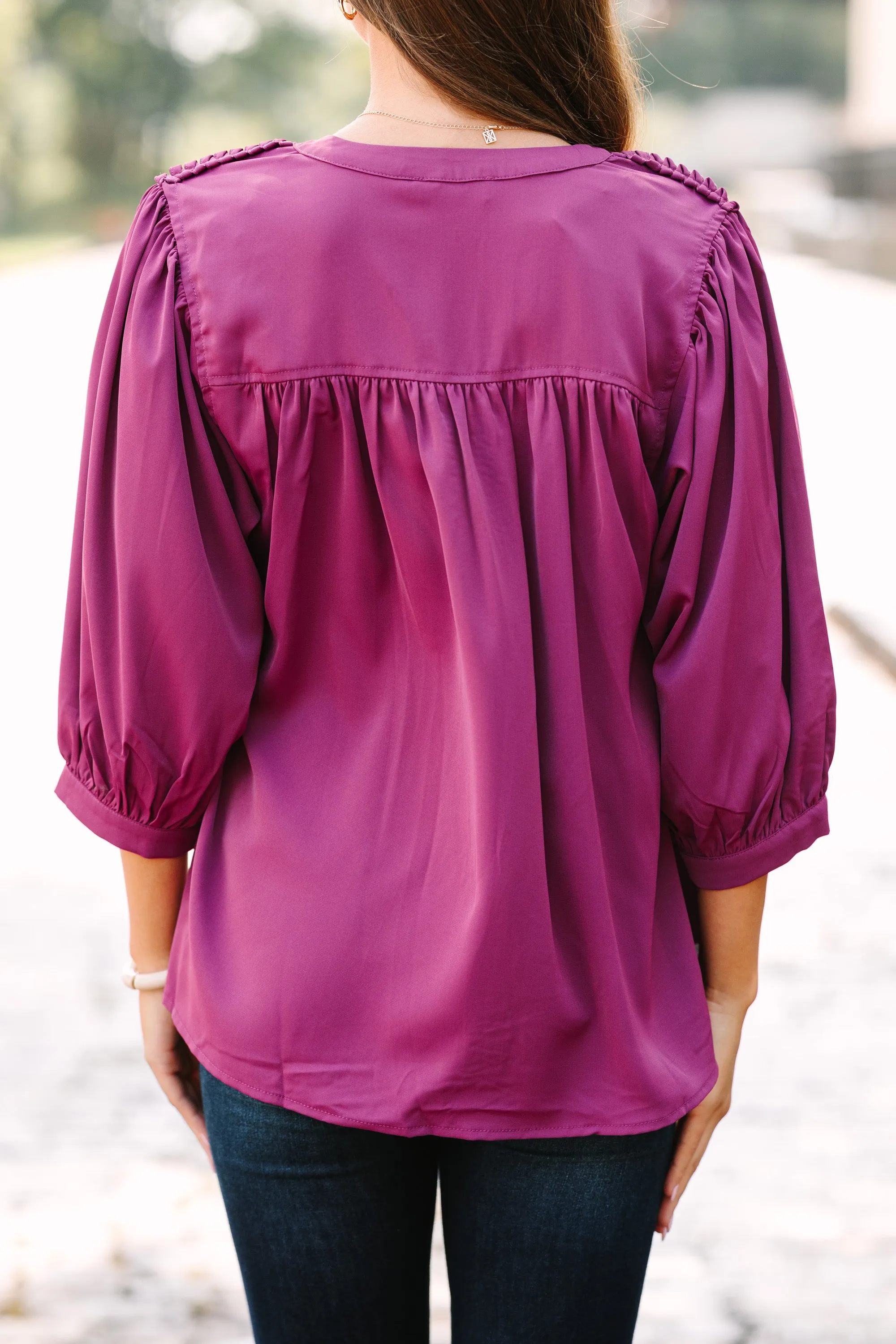 Easy Days Ahead Plum Purple Textured Trim Blouse