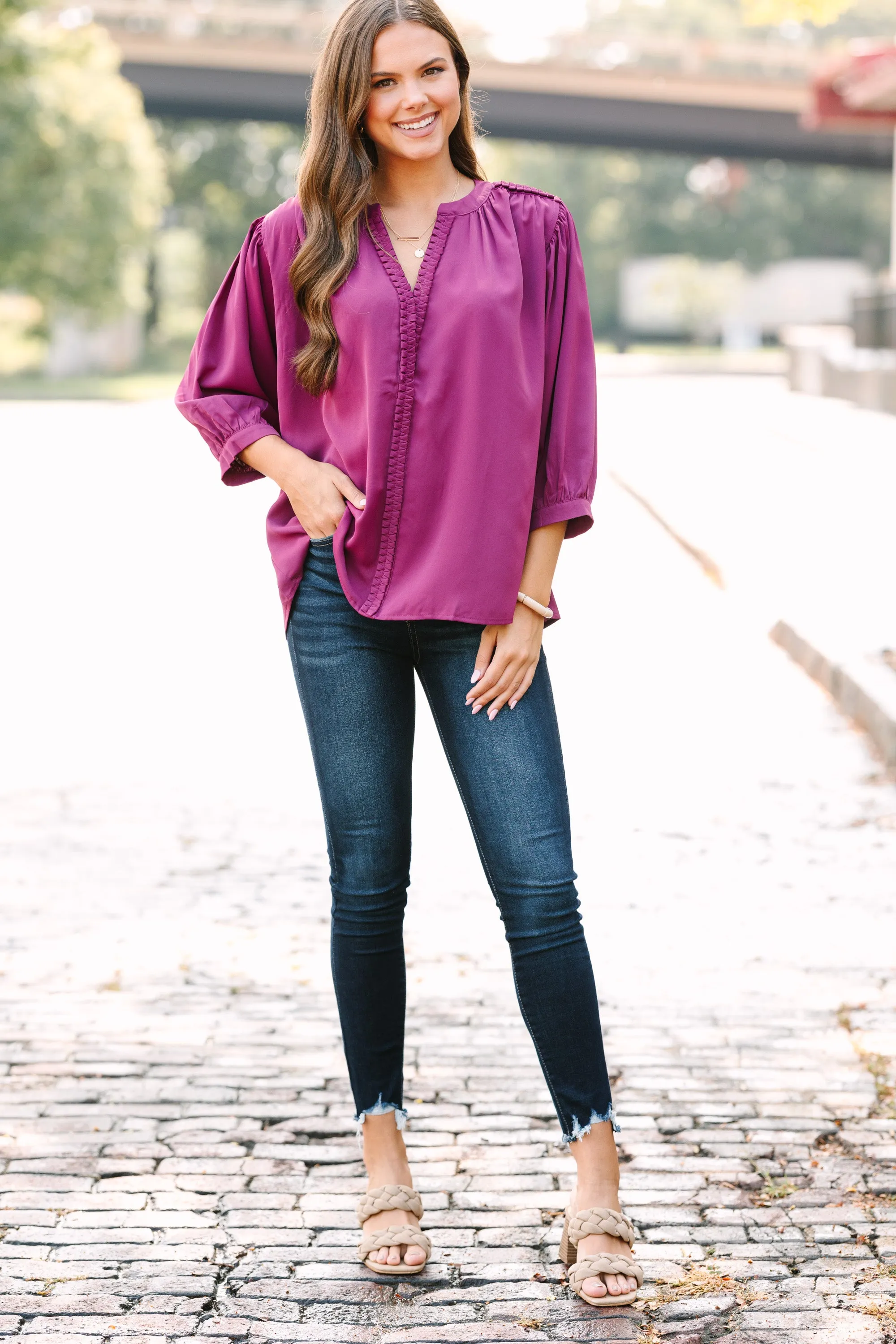 Easy Days Ahead Plum Purple Textured Trim Blouse