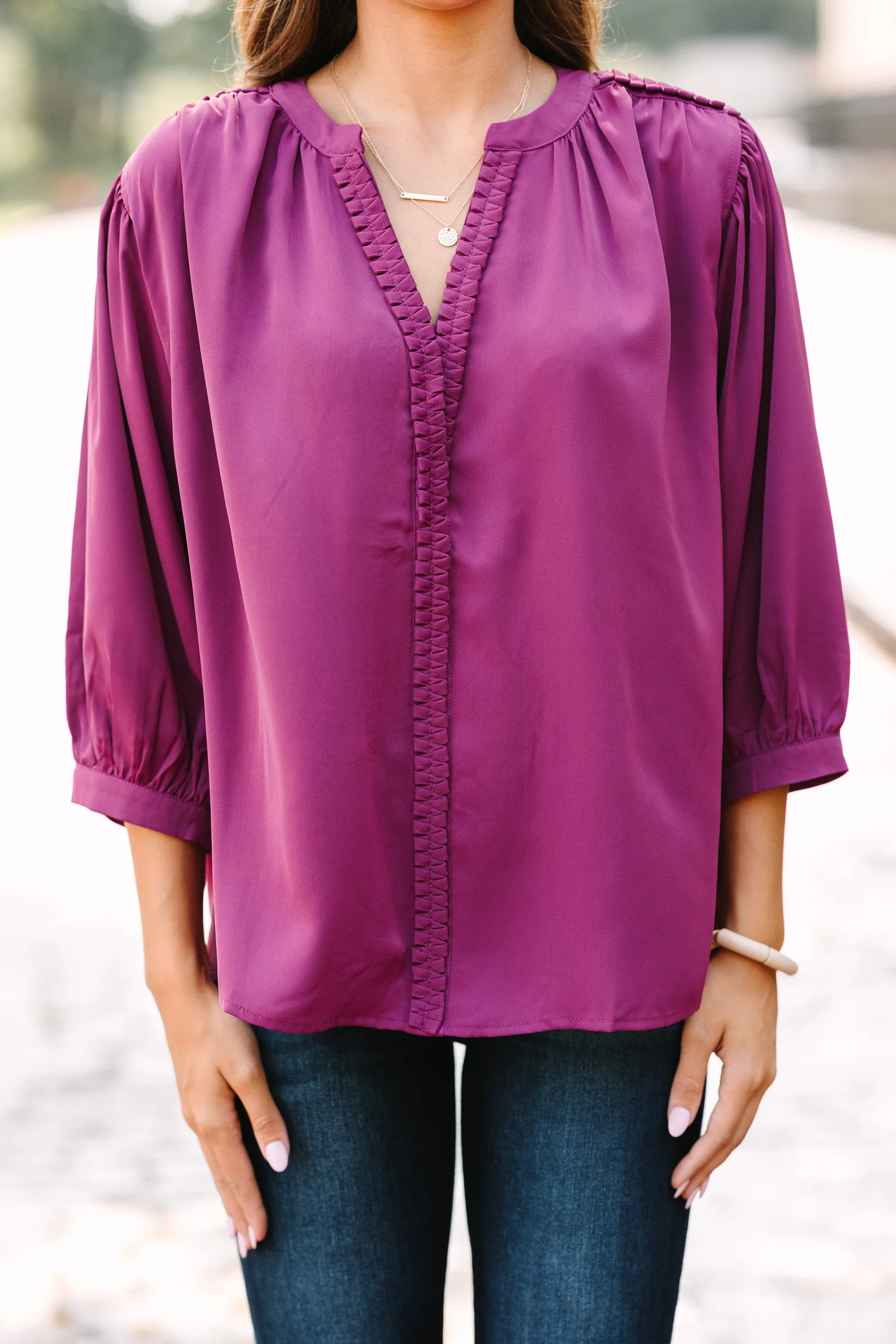 Easy Days Ahead Plum Purple Textured Trim Blouse