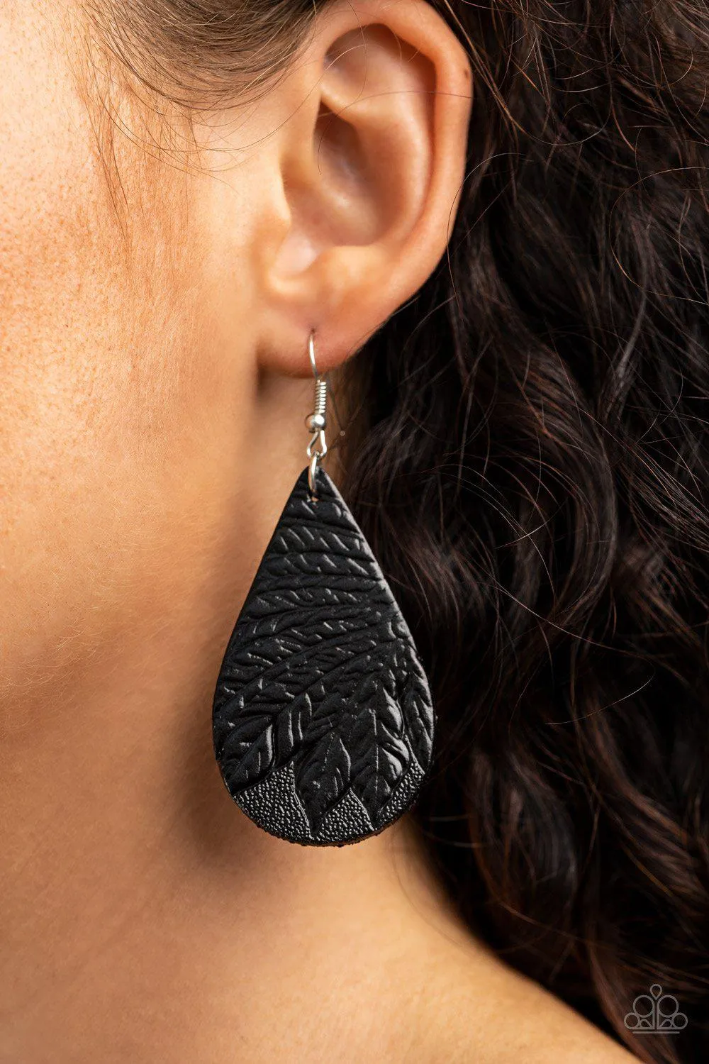 Everyone Remain PALM! Black Leather Earrings - Paparazzi Accessories