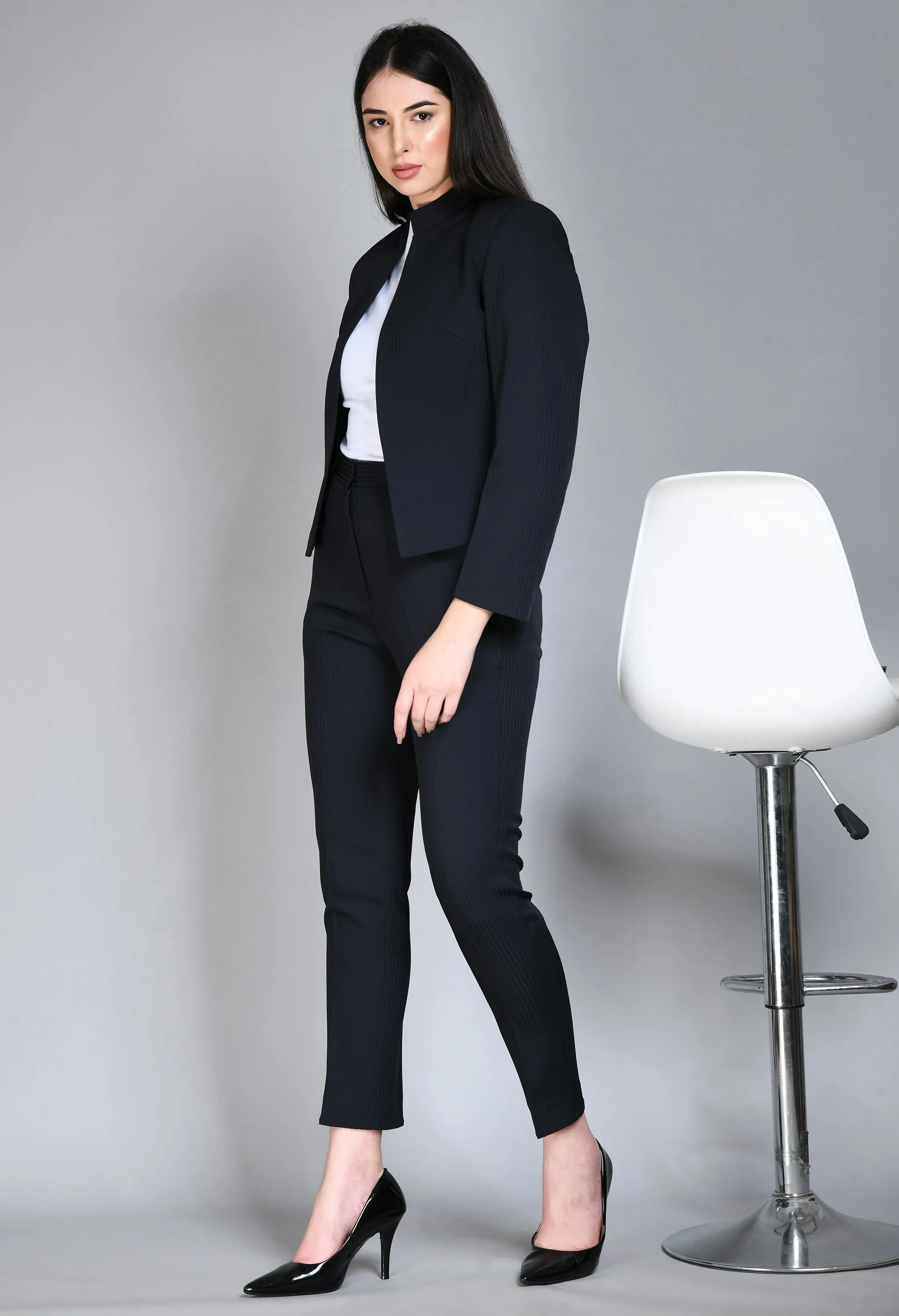 Exude Fearlessness Striped Short Blazer Pant Suit (Navy)