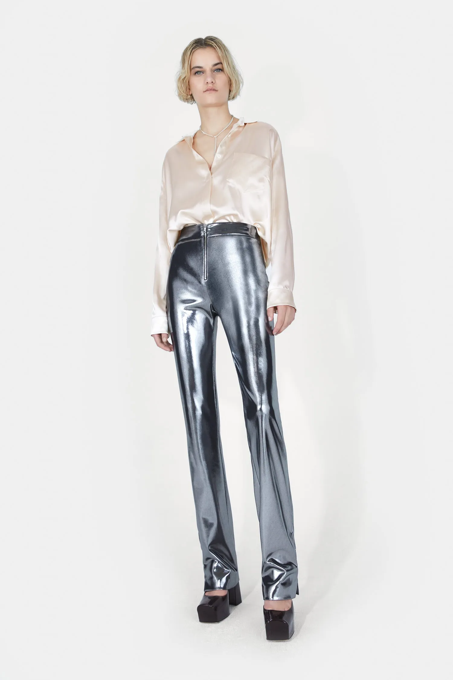 Galvanized High Waisted Trousers - Silver