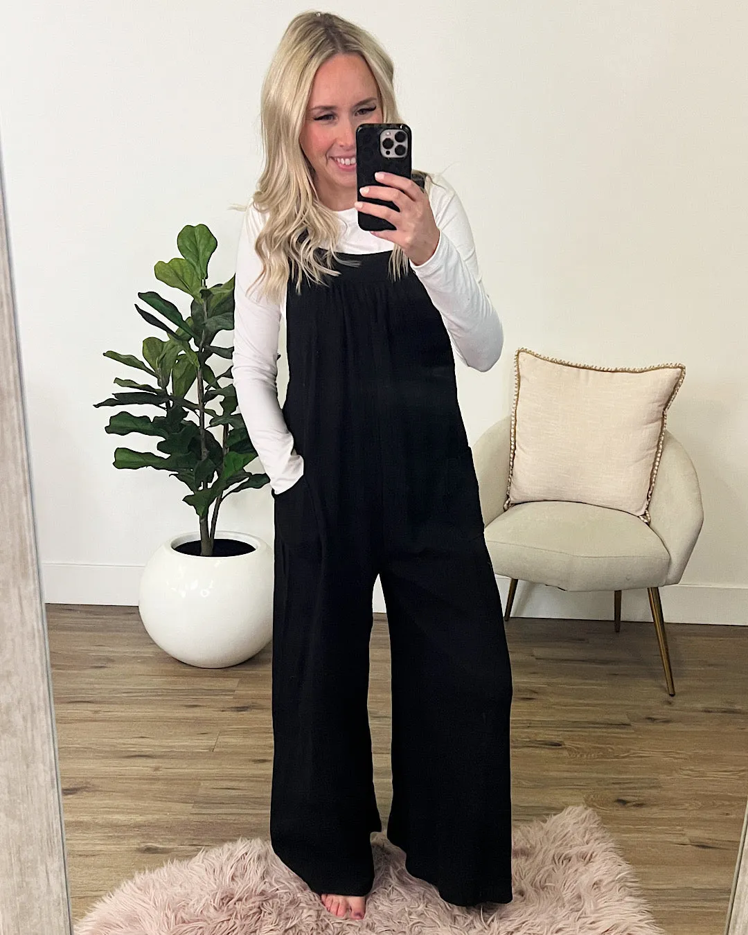 Gauze Wide Leg Overall Jumpsuit - Black