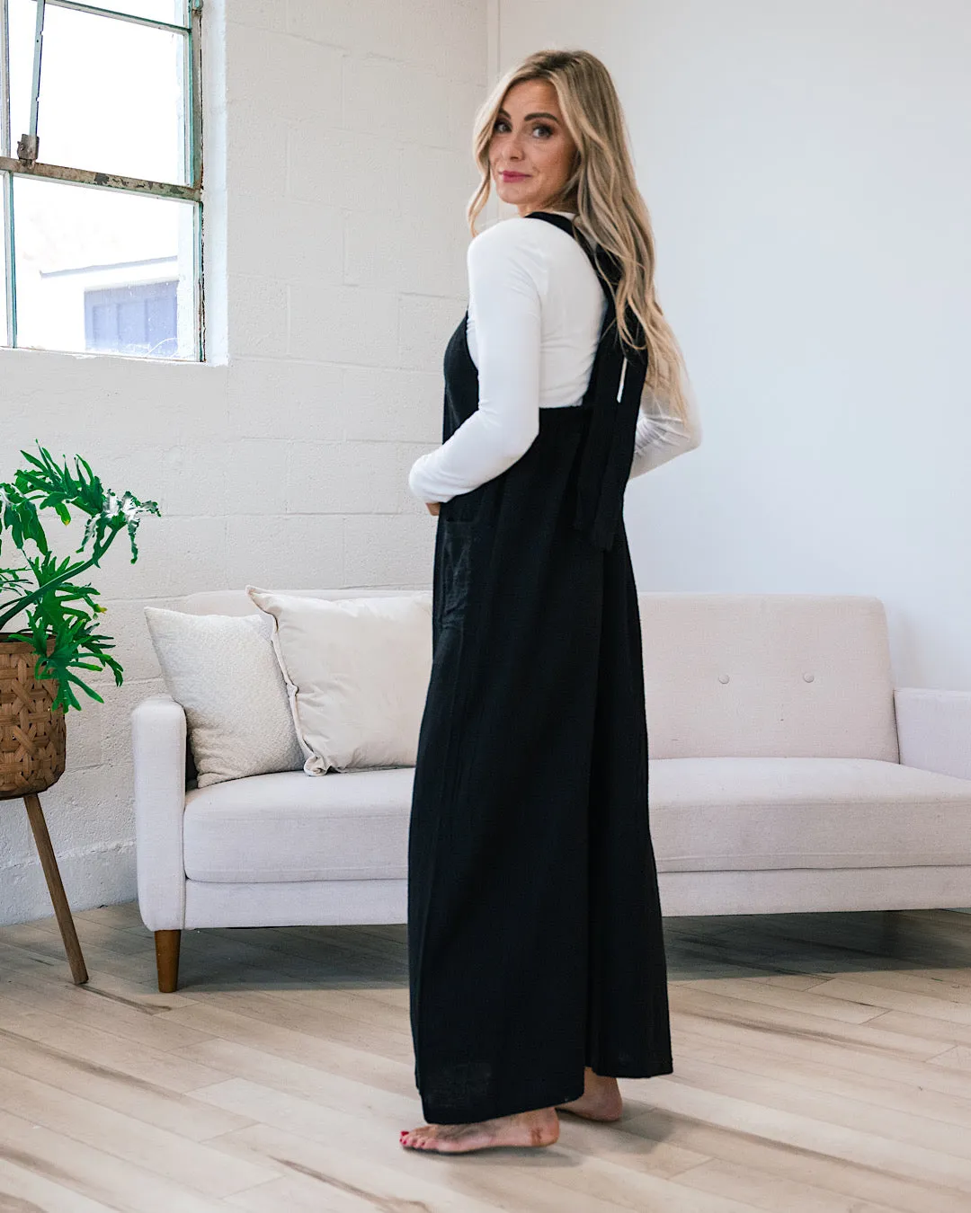 Gauze Wide Leg Overall Jumpsuit - Black