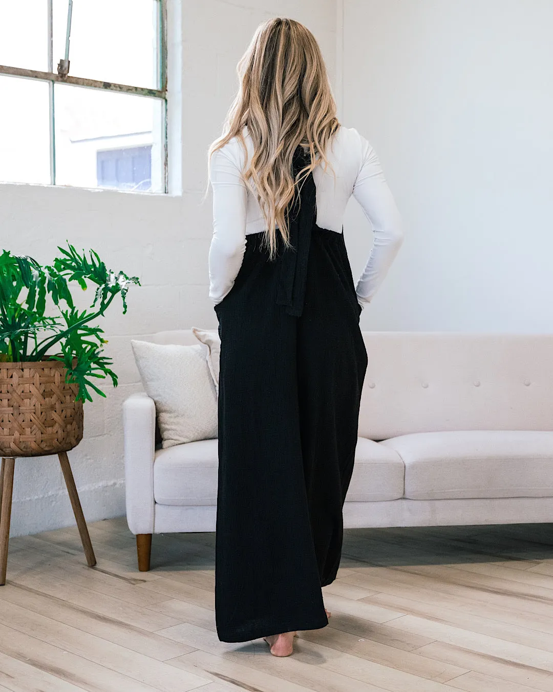 Gauze Wide Leg Overall Jumpsuit - Black