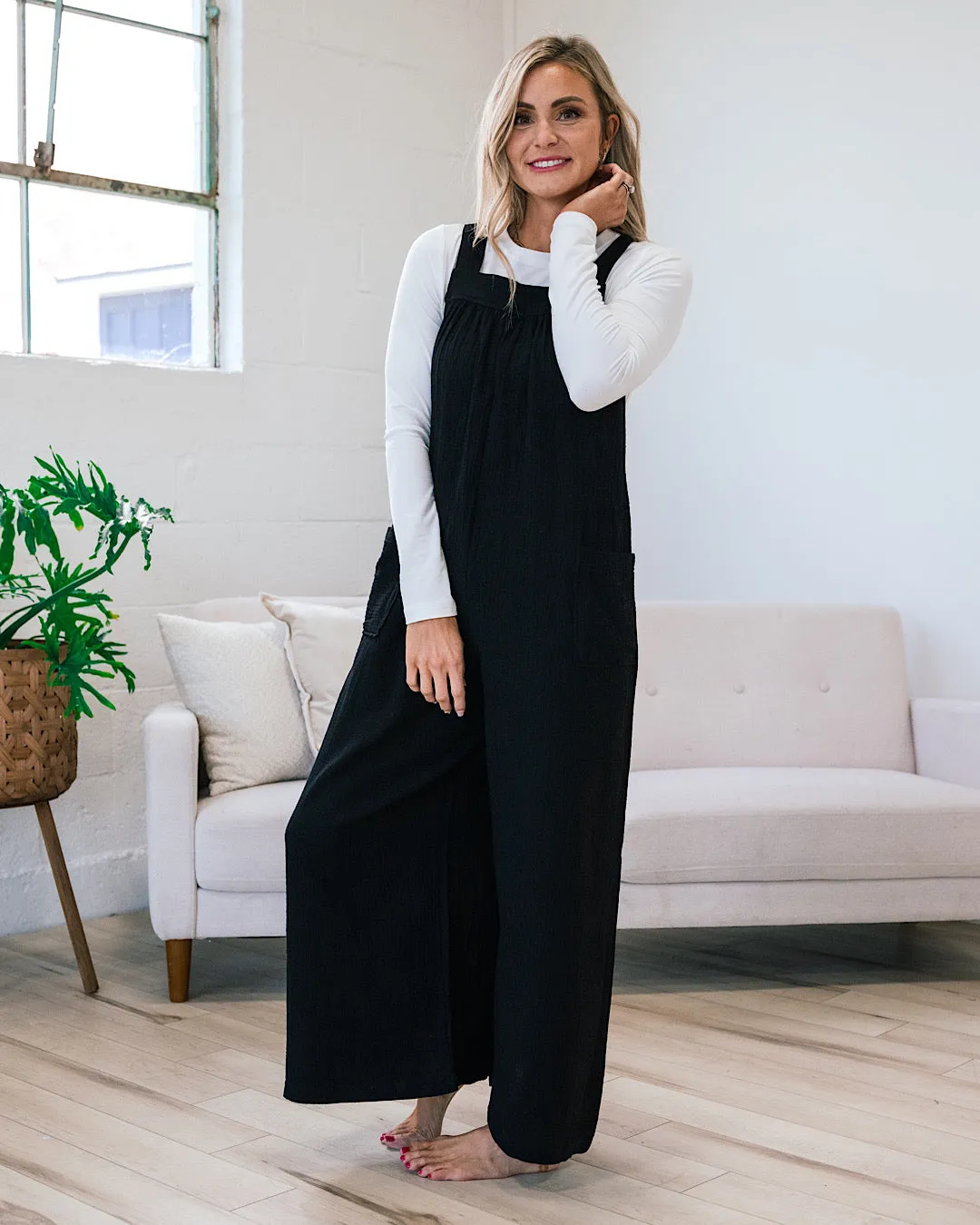 Gauze Wide Leg Overall Jumpsuit - Black