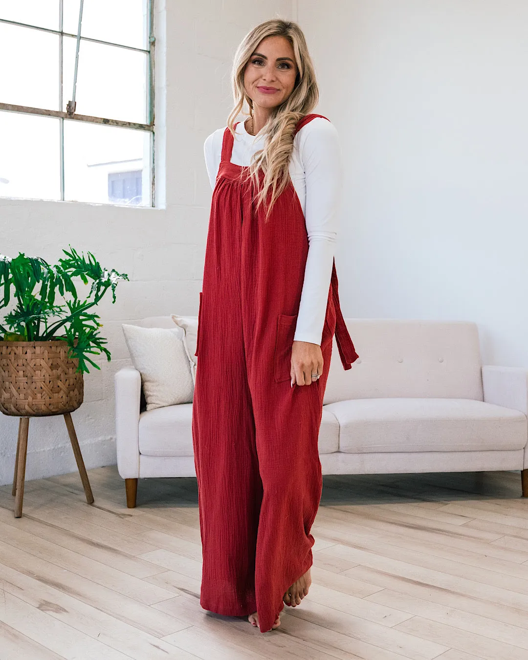 Gauze Wide Leg Overall Jumpsuit - Rust