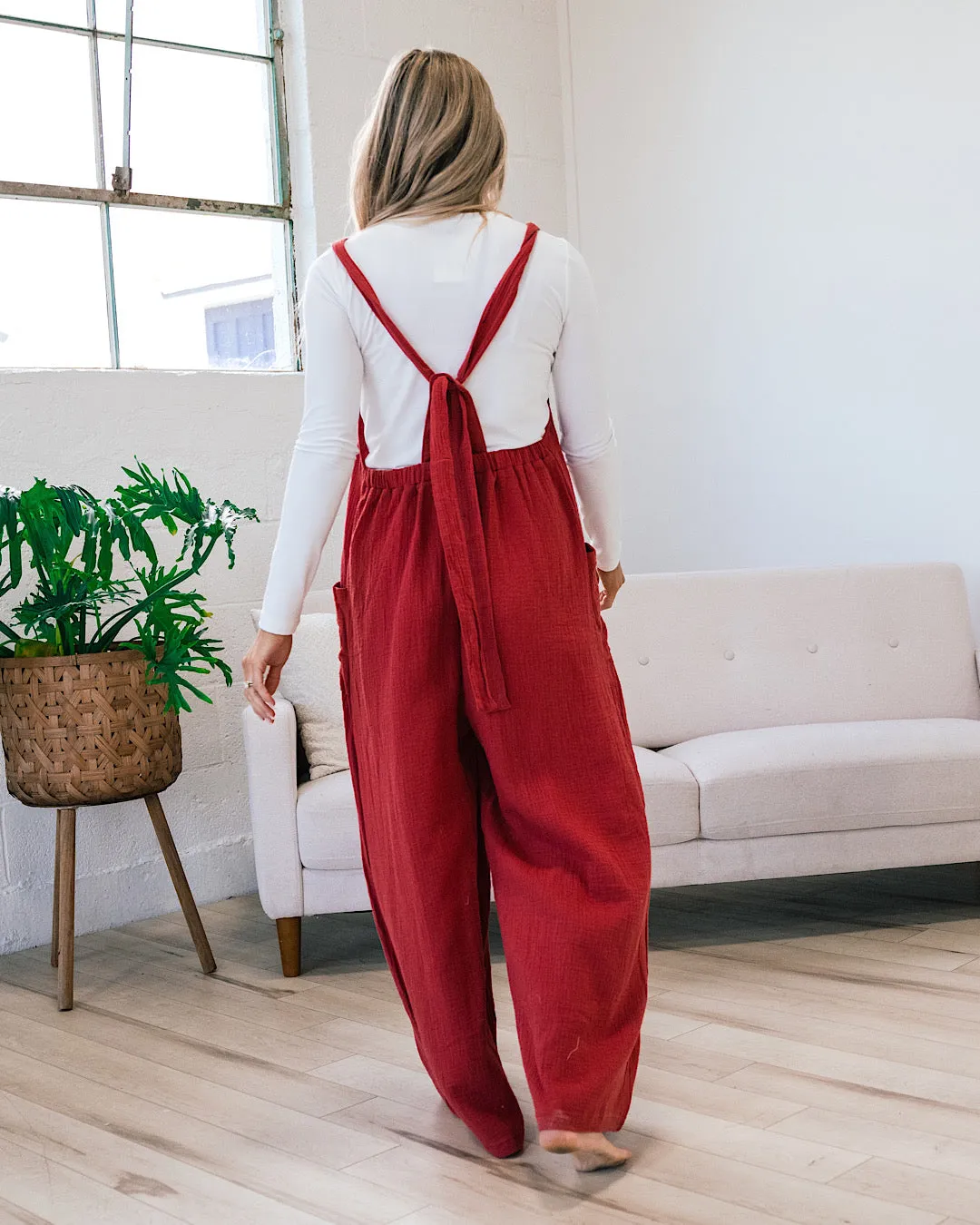 Gauze Wide Leg Overall Jumpsuit - Rust