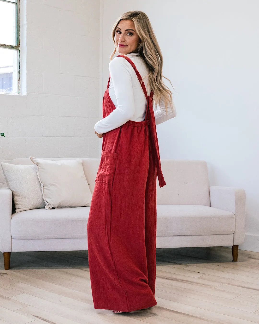 Gauze Wide Leg Overall Jumpsuit - Rust