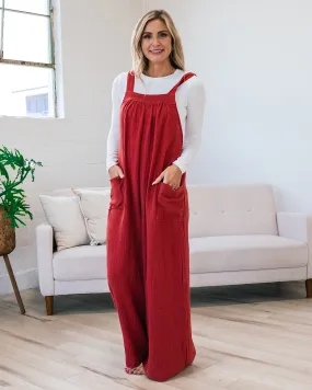 Gauze Wide Leg Overall Jumpsuit - Rust