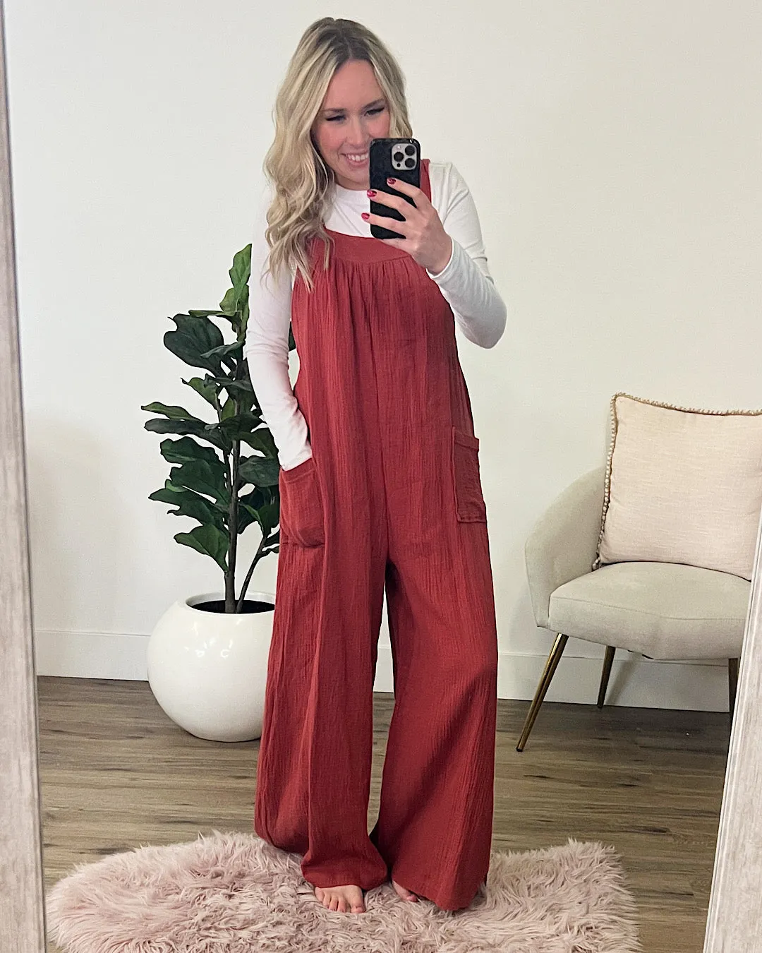 Gauze Wide Leg Overall Jumpsuit - Rust