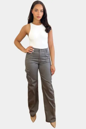 High Waisted Wide Leg Stretchy Cargo Trousers