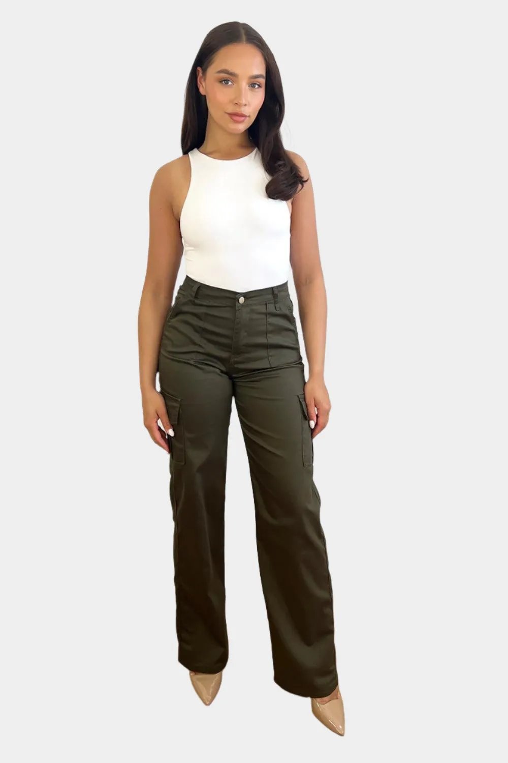 High Waisted Wide Leg Stretchy Cargo Trousers