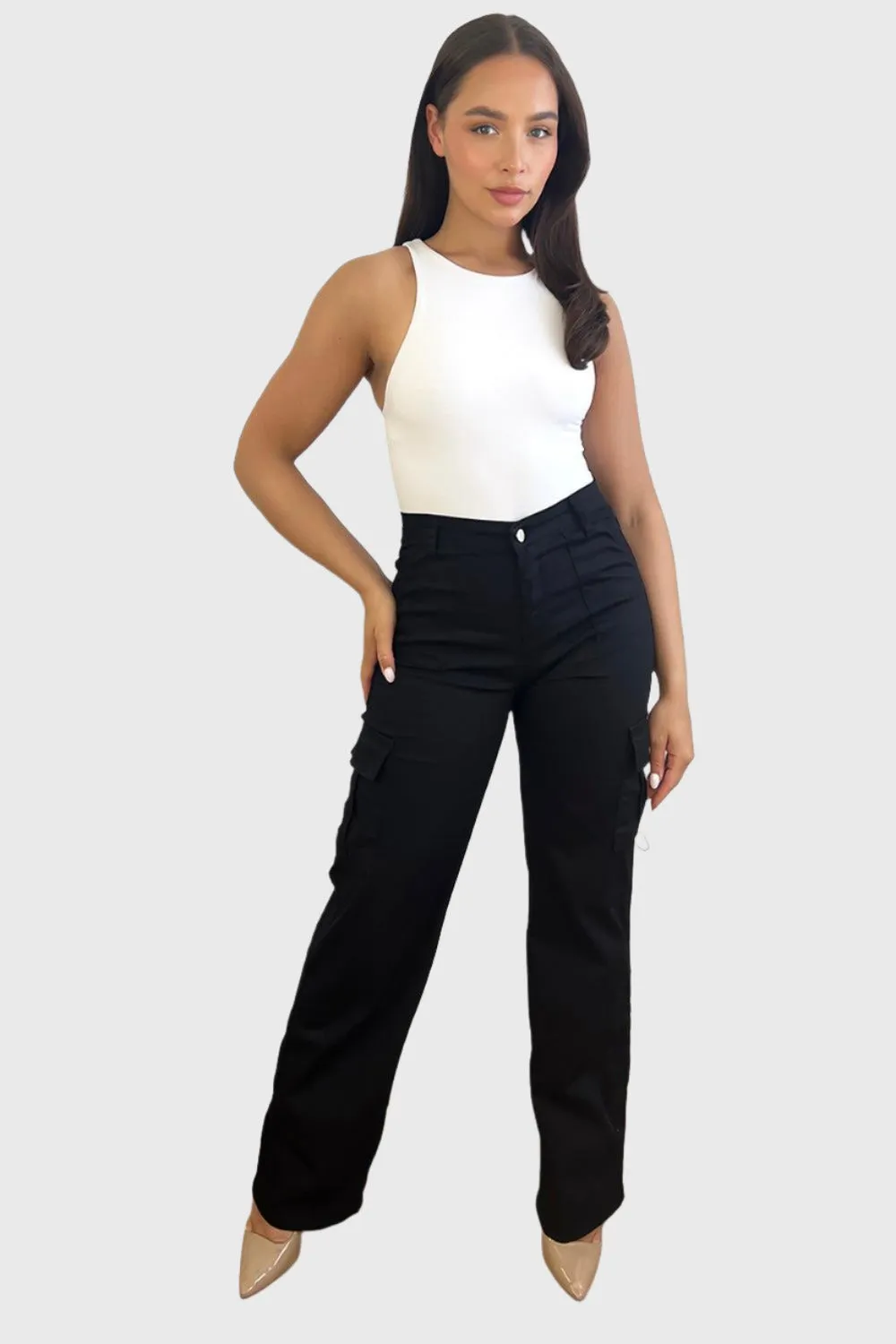 High Waisted Wide Leg Stretchy Cargo Trousers