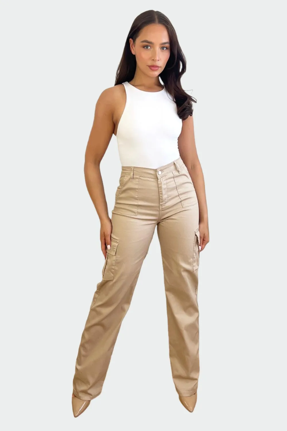 High Waisted Wide Leg Stretchy Cargo Trousers