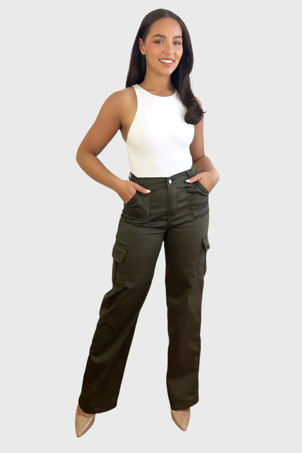 High Waisted Wide Leg Stretchy Cargo Trousers