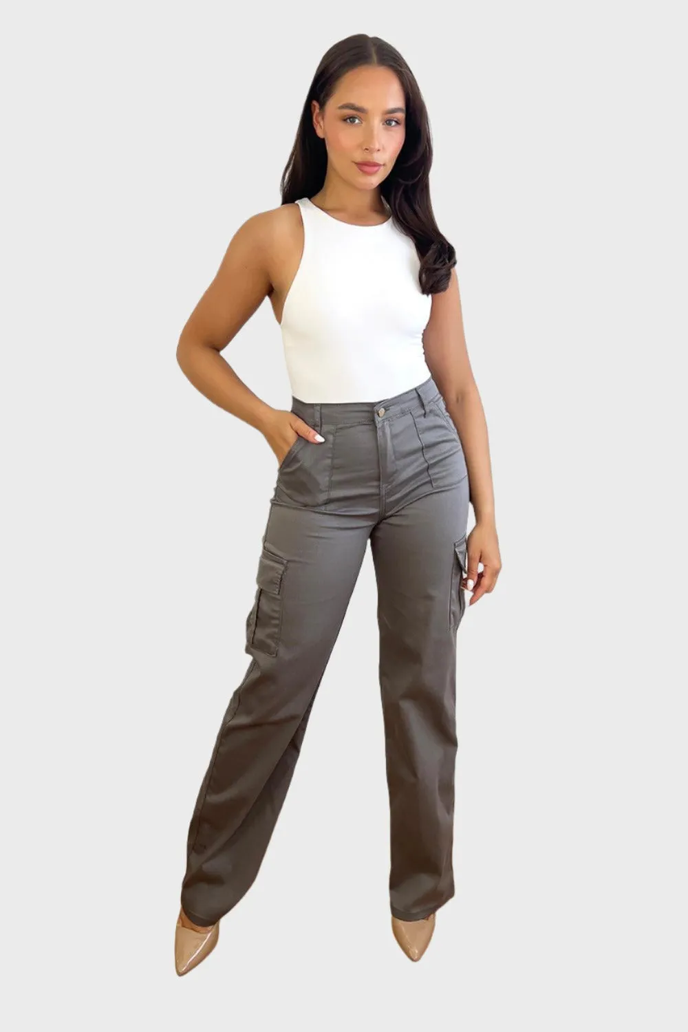 High Waisted Wide Leg Stretchy Cargo Trousers