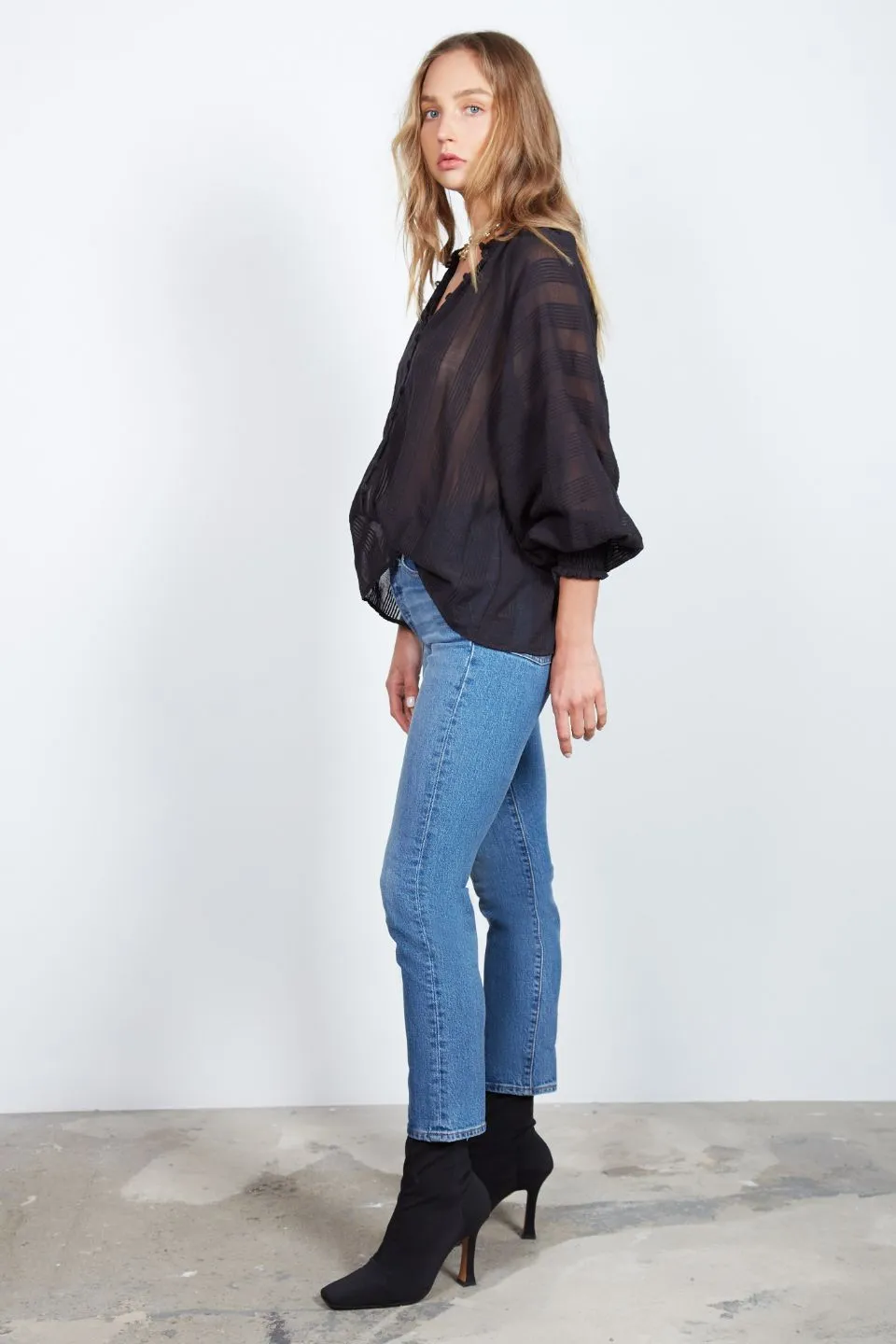 In Line Button Front Self Stripe Black Blouse