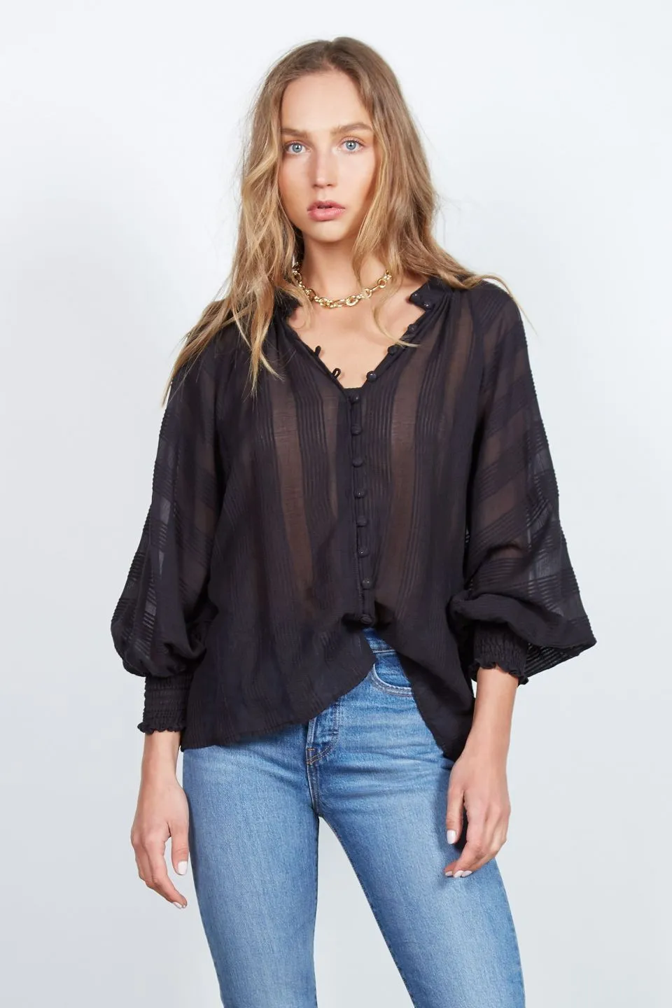 In Line Button Front Self Stripe Black Blouse