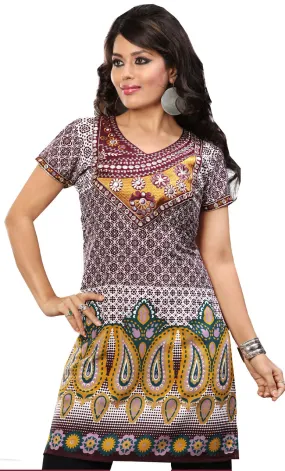 India Tunic Top Long Kurti Womens Embroidered Blouse Indian Apparel (Brown)