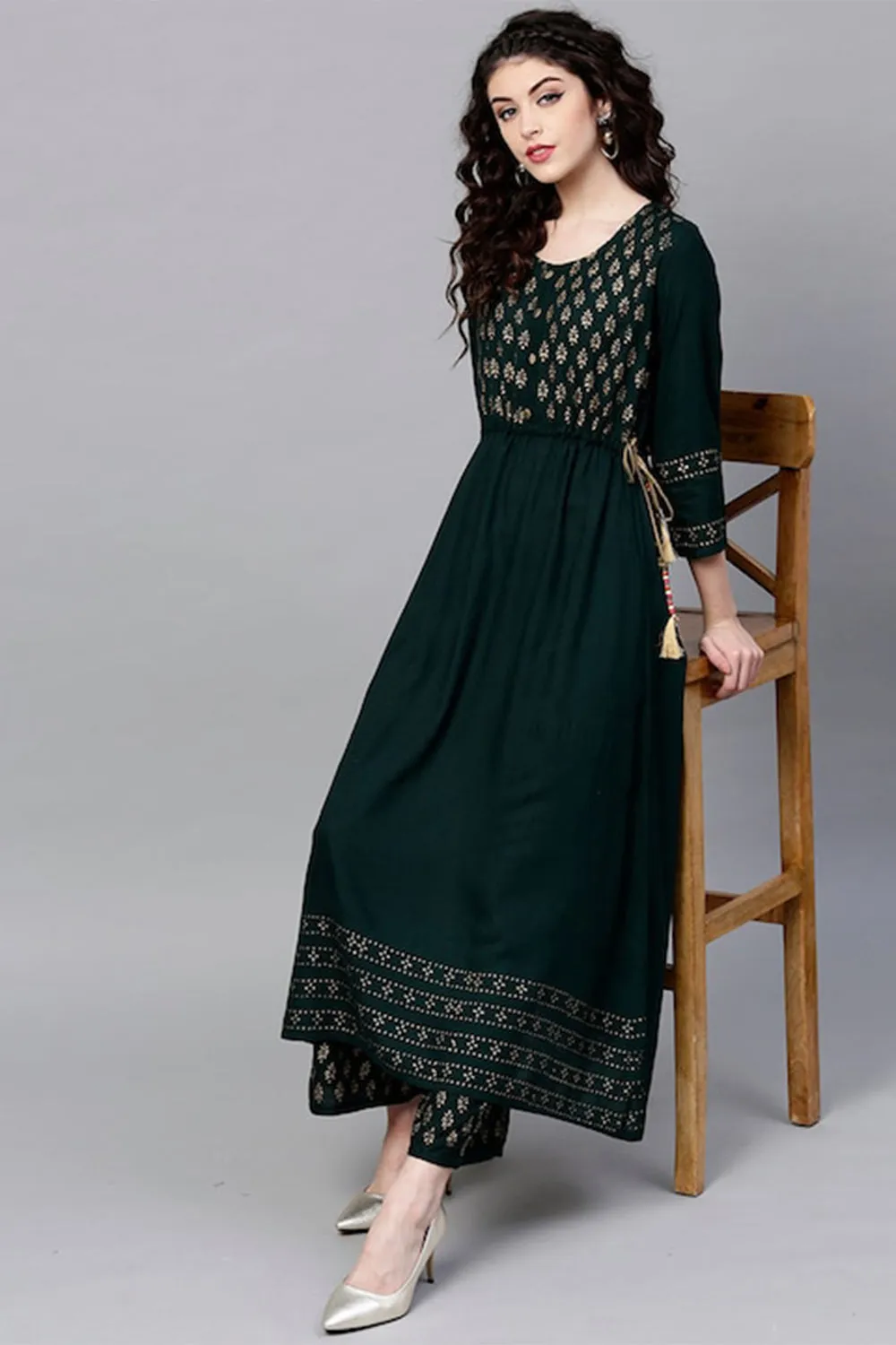 Ishin Women Green Floral Anarkali Kurta Set