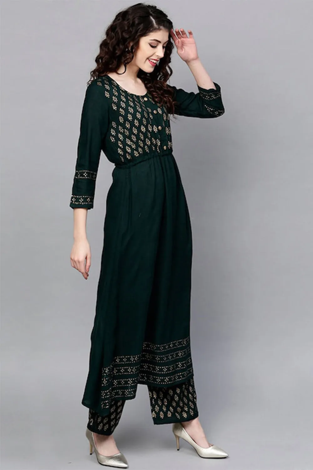 Ishin Women Green Floral Anarkali Kurta Set