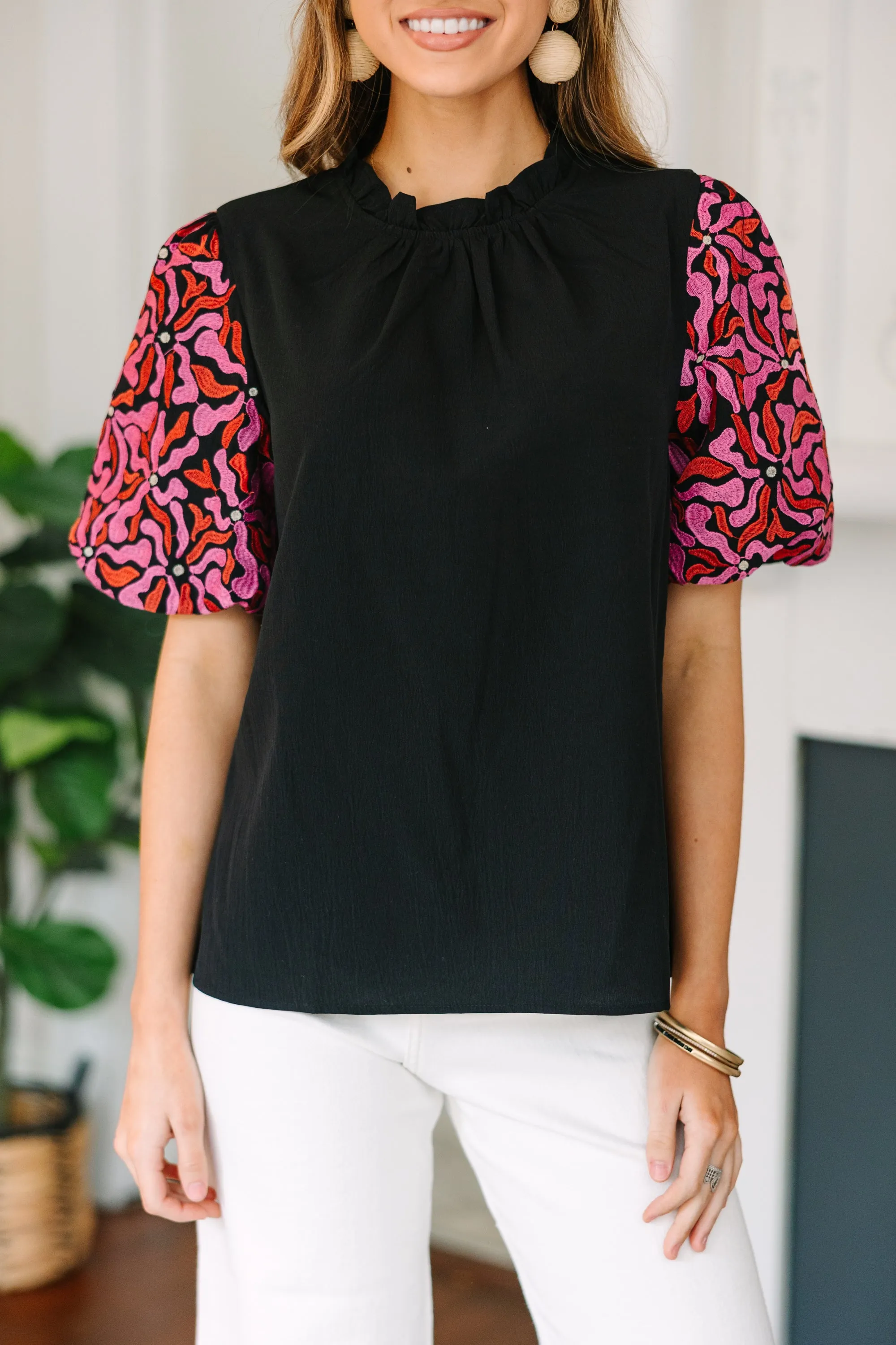 It's All For Fun Black Embroidered Sleeve Blouse