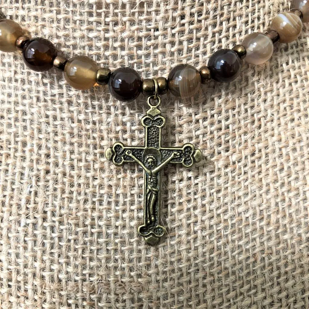 Mens Brown Agate and Brass Cross Beaded Necklace