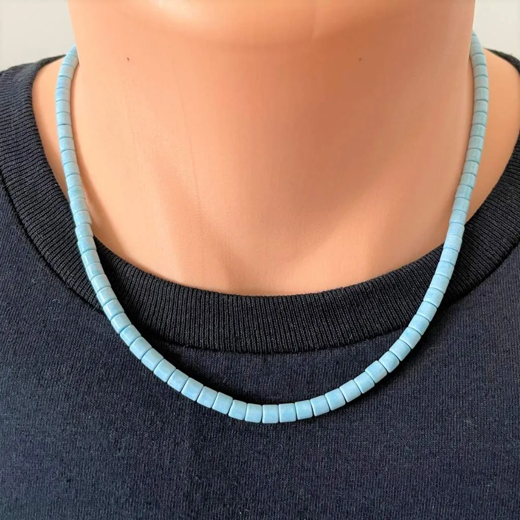 Mens Denim Blue Agate Beaded Necklace